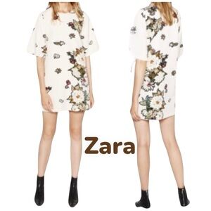 Zara Dress Sz S Ivory Floral Three/Side/Buttons Flare Sleeve